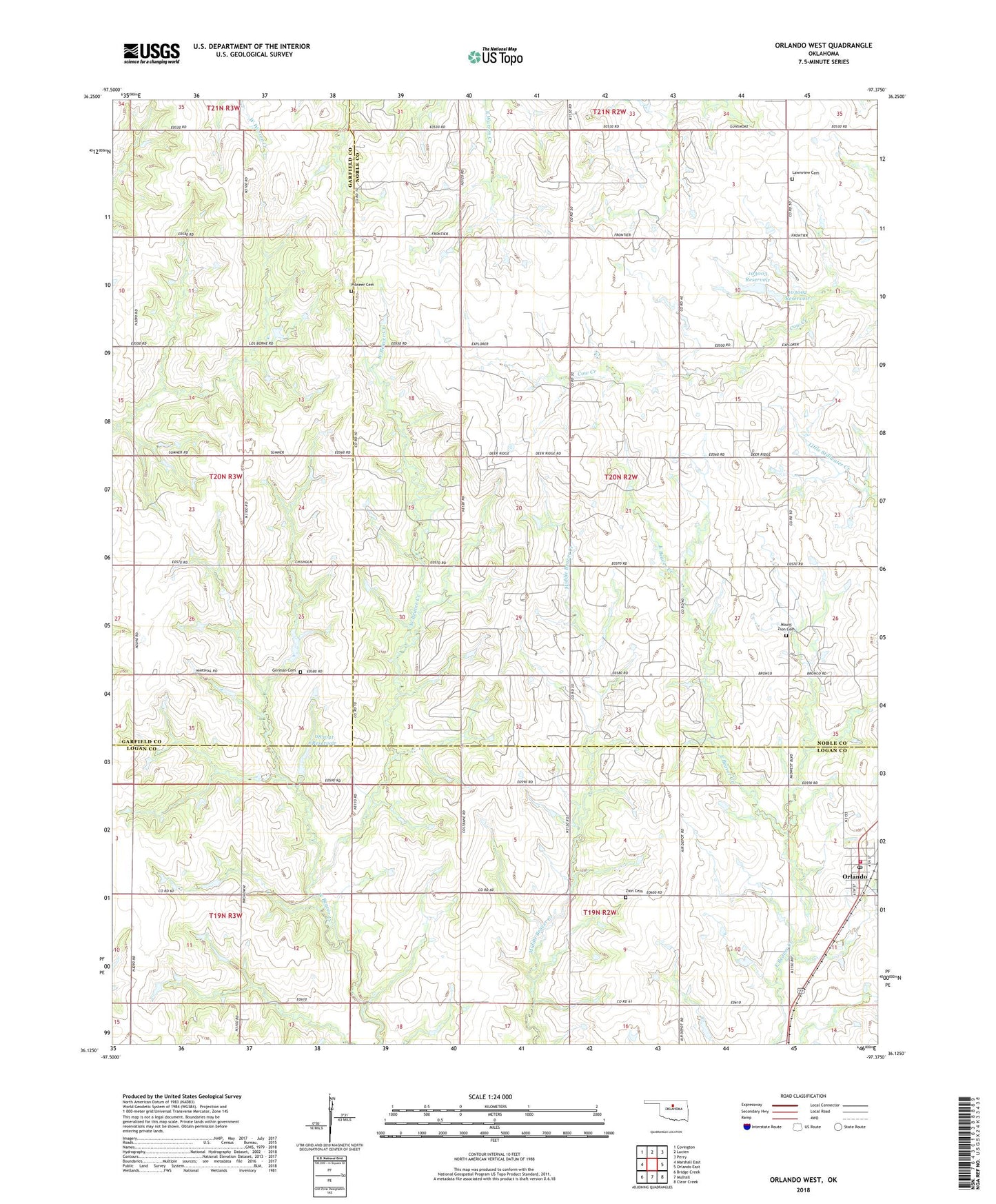 Orlando West Oklahoma US Topo Map Image