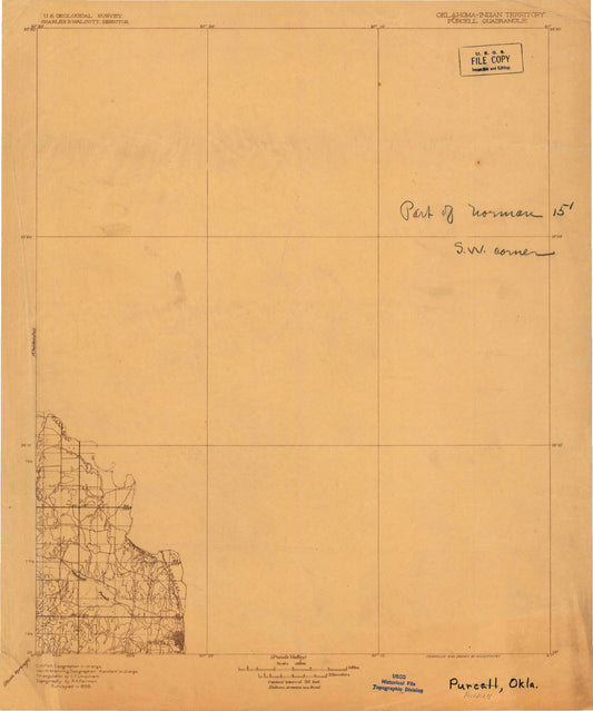 Historic 1898 Purcell Oklahoma 30'x30' Topo Map Image