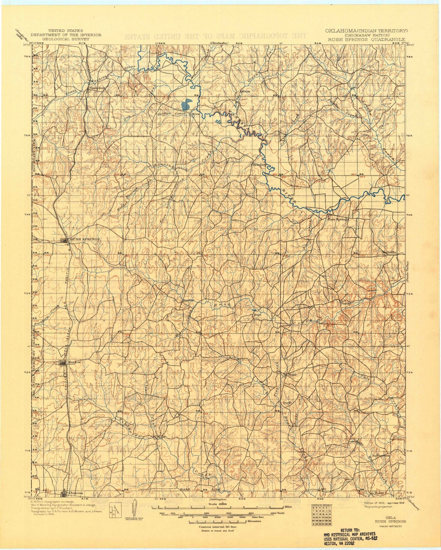 Historic 1902 Rush Springs Oklahoma 30'x30' Topo Map Image