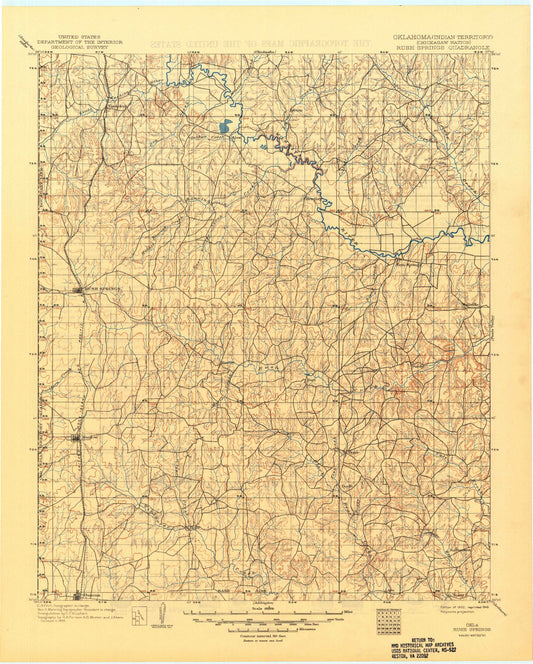 Historic 1902 Rush Springs Oklahoma 30'x30' Topo Map Image
