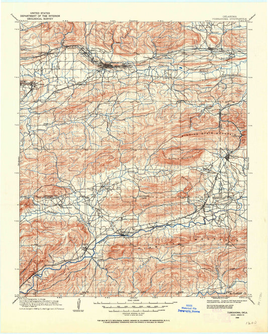 Historic 1908 Tuskahoma Oklahoma 30'x30' Topo Map Image