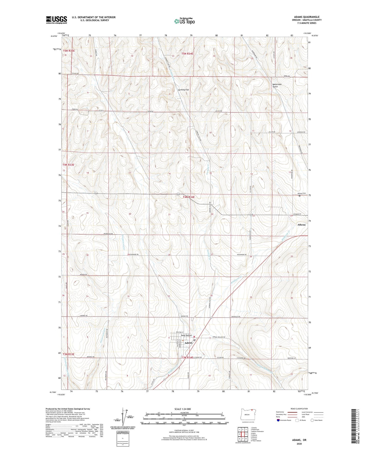 Adams Oregon US Topo Map Image