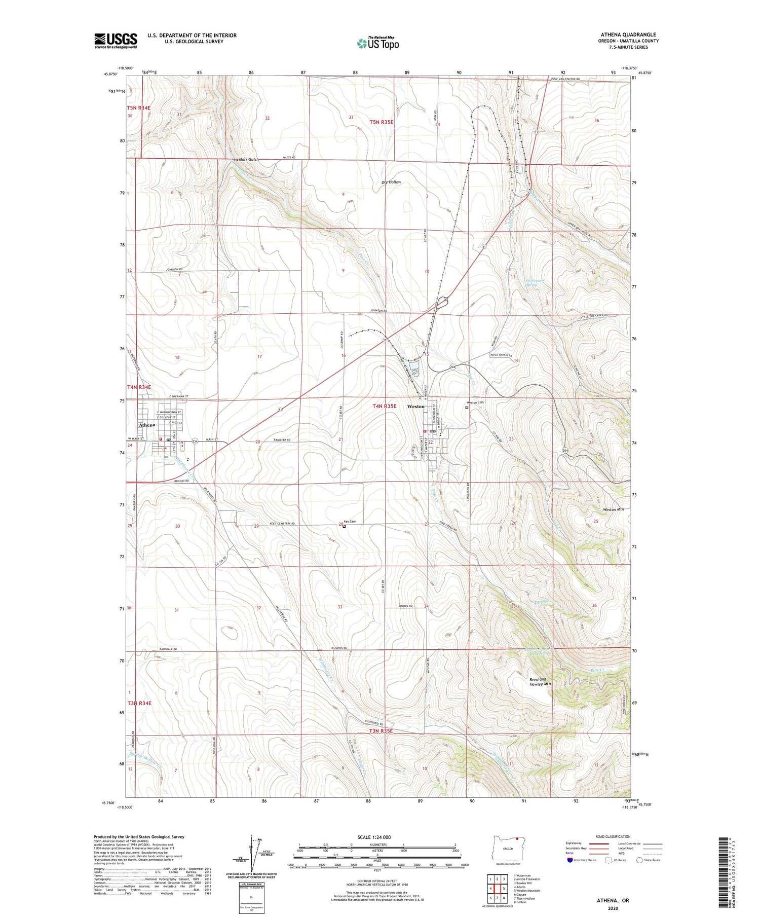 Athena Oregon US Topo Map Image