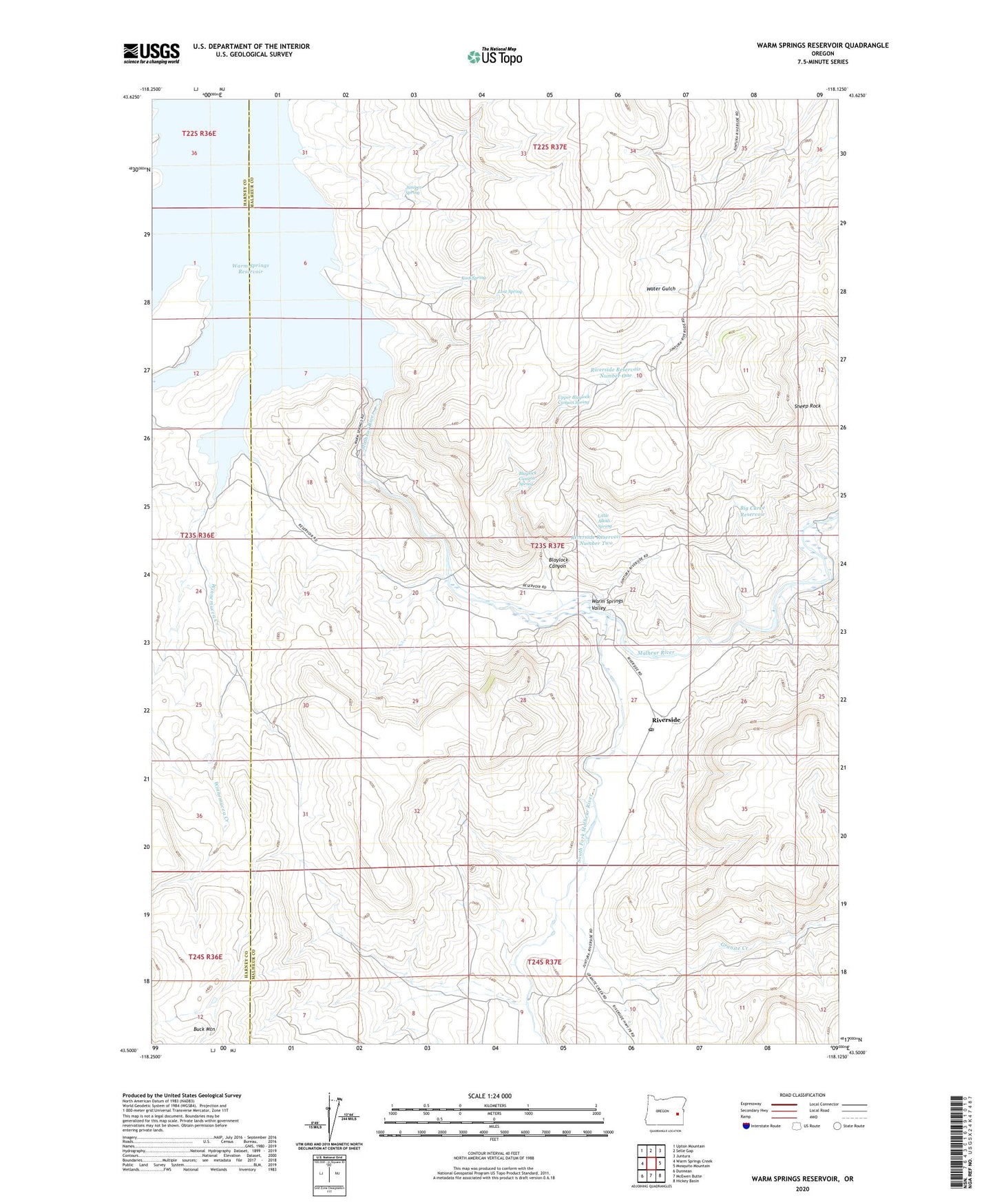 Warm Springs Reservoir Oregon US Topo Map Image