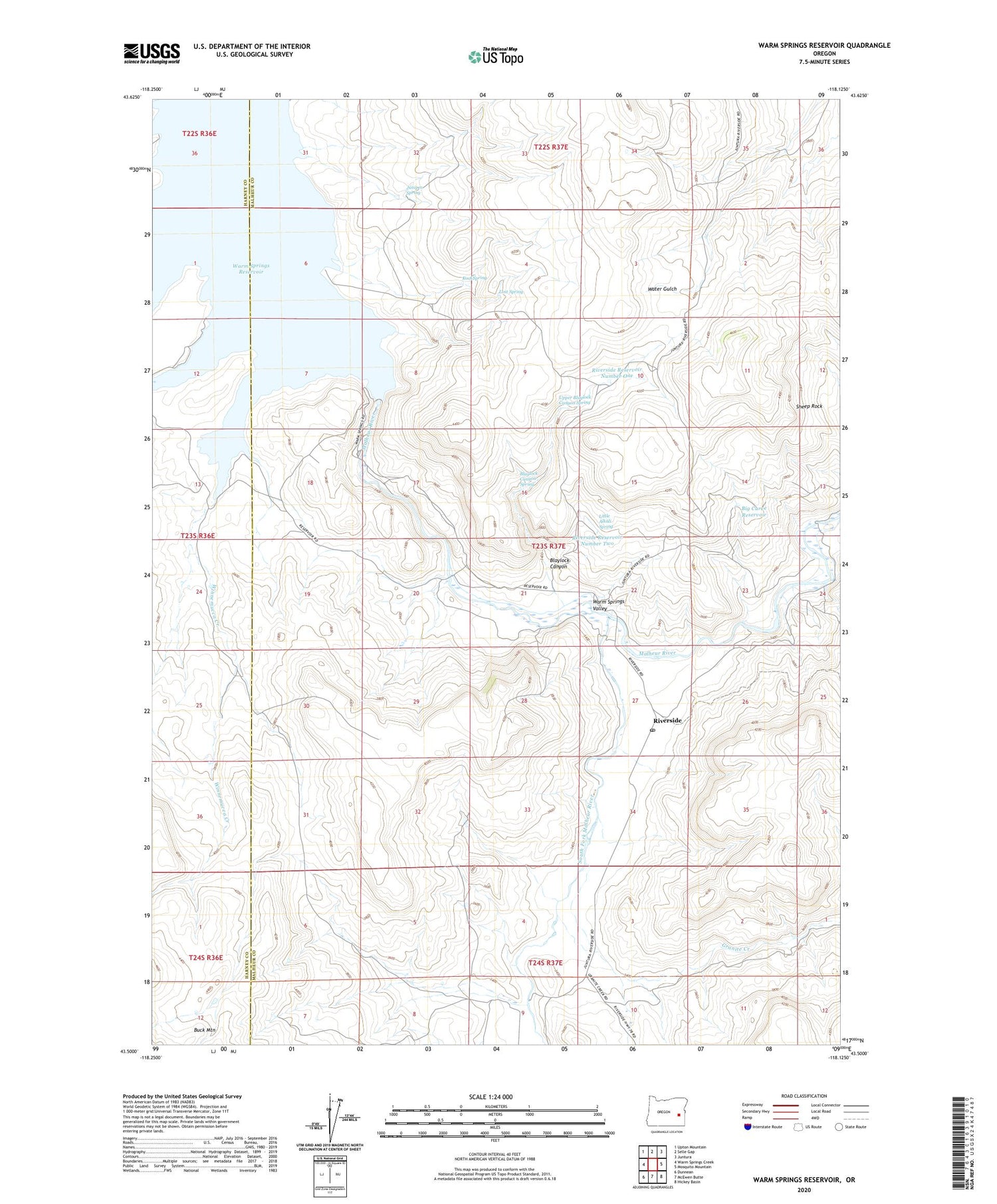Warm Springs Reservoir Oregon US Topo Map Image