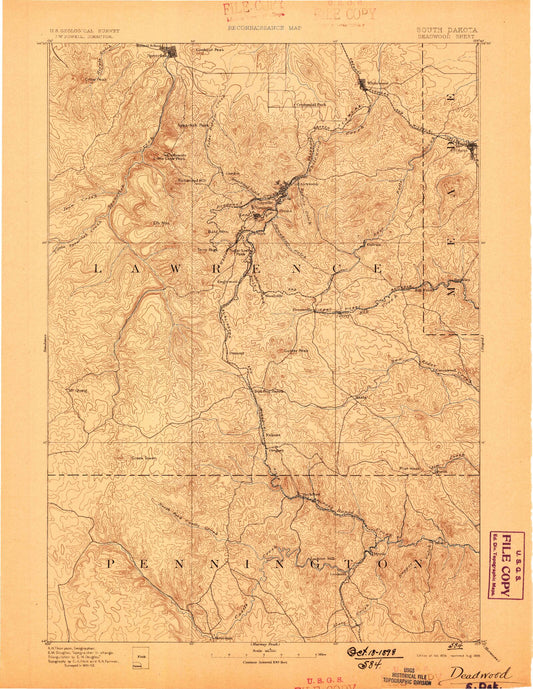 Historic 1894 Deadwood South Dakota 30'x30' Topo Map Image