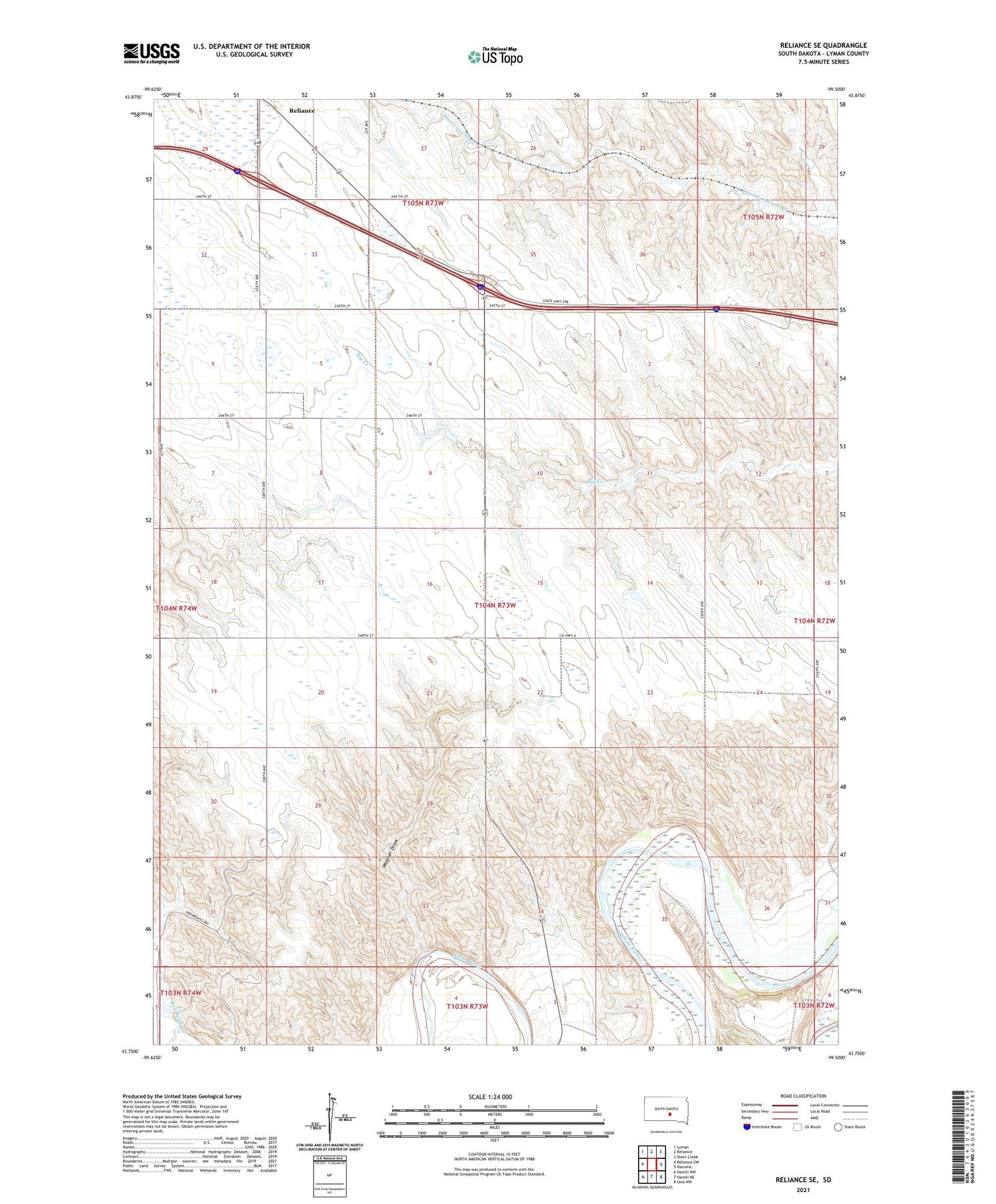 Reliance SE South Dakota US Topo Map Image