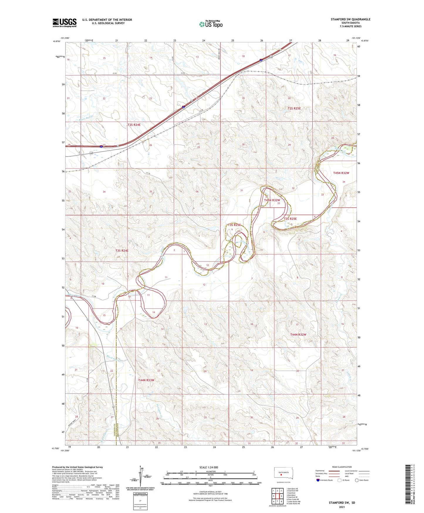 Stamford SW South Dakota US Topo Map Image