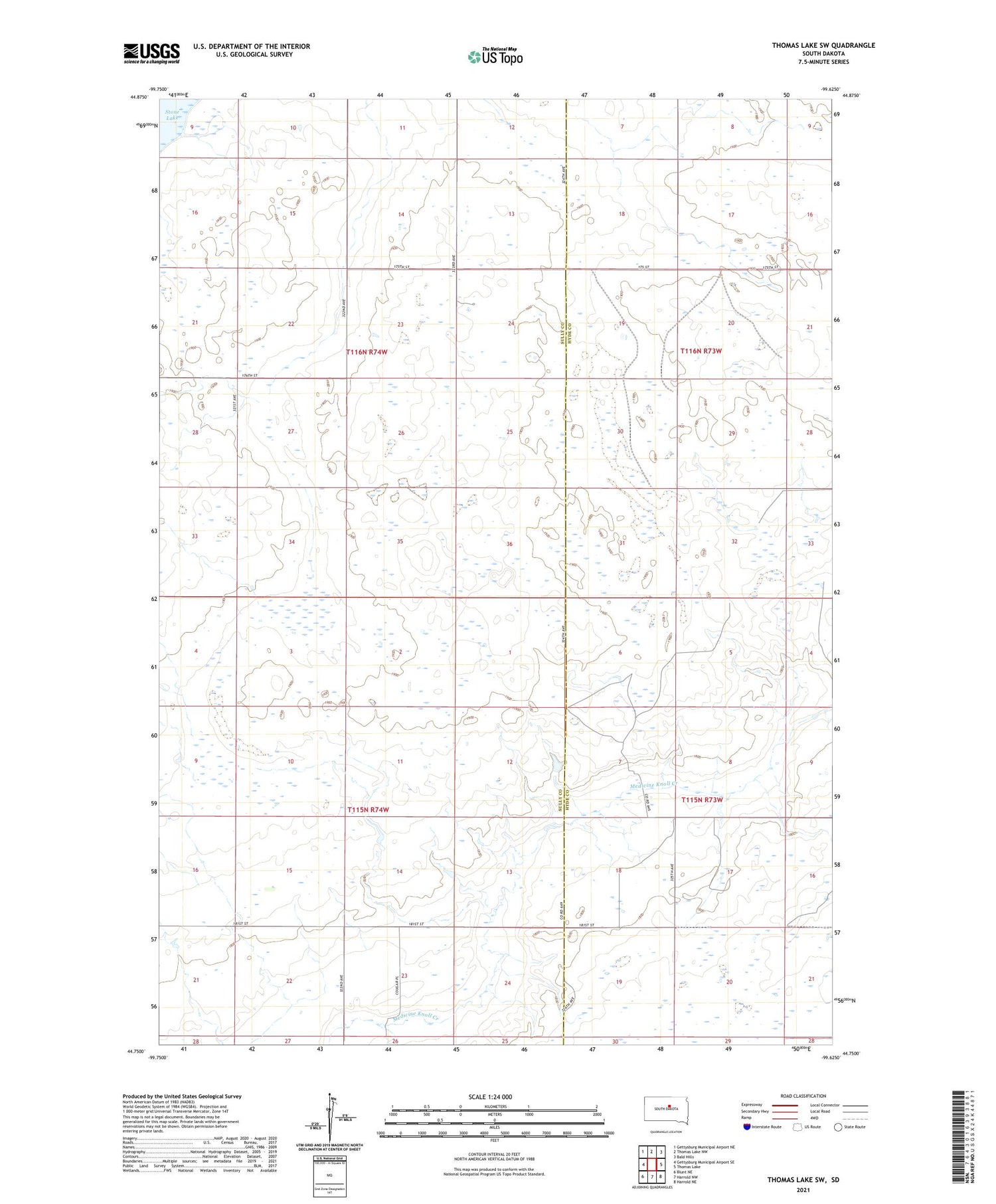 Thomas Lake SW South Dakota US Topo Map Image