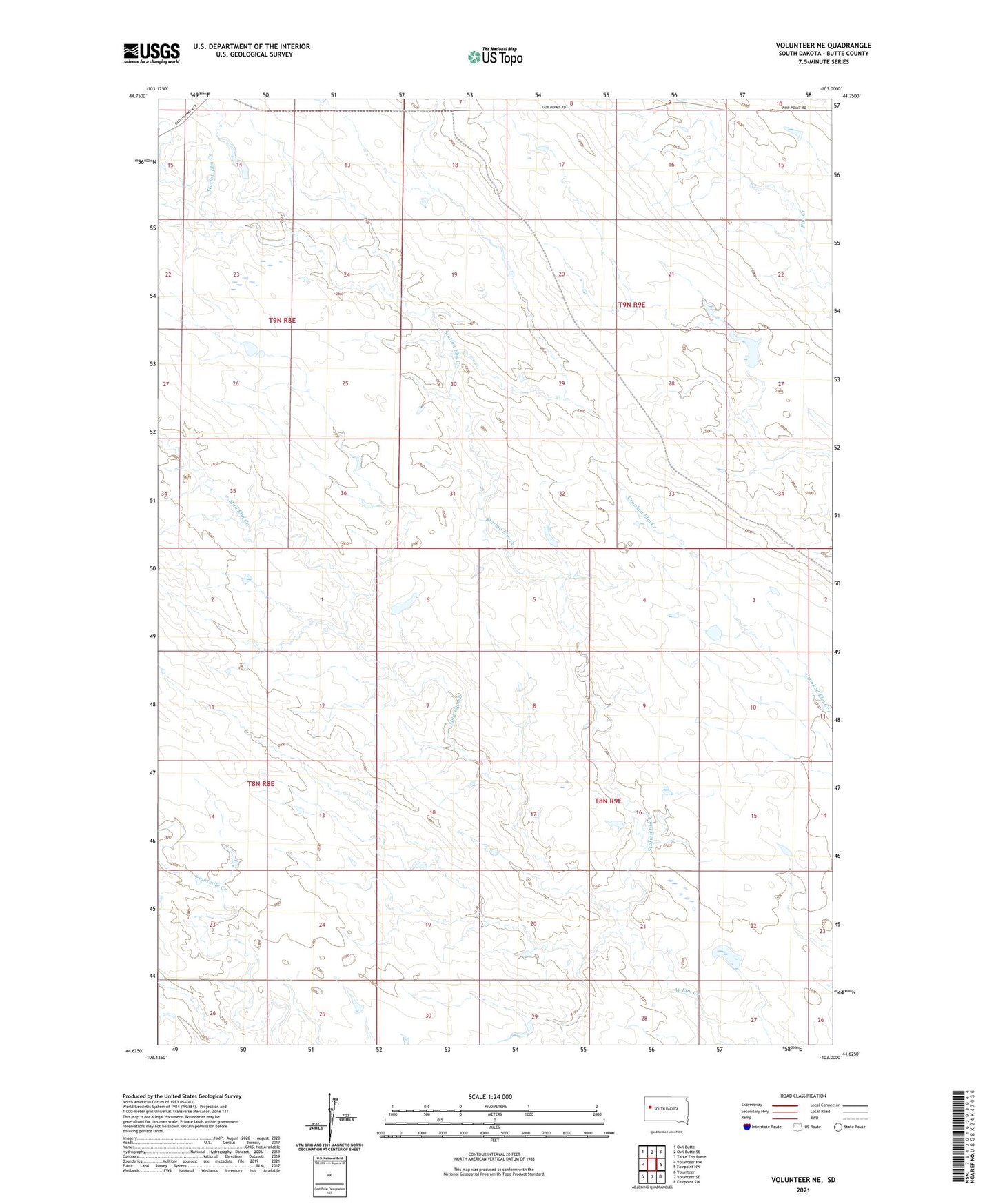 Volunteer NE South Dakota US Topo Map Image