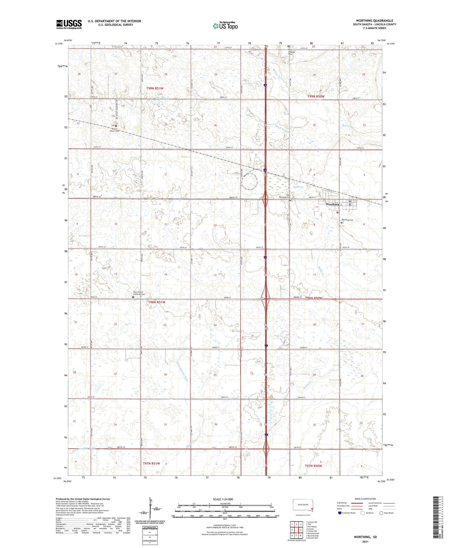 Worthing South Dakota US Topo Map Image