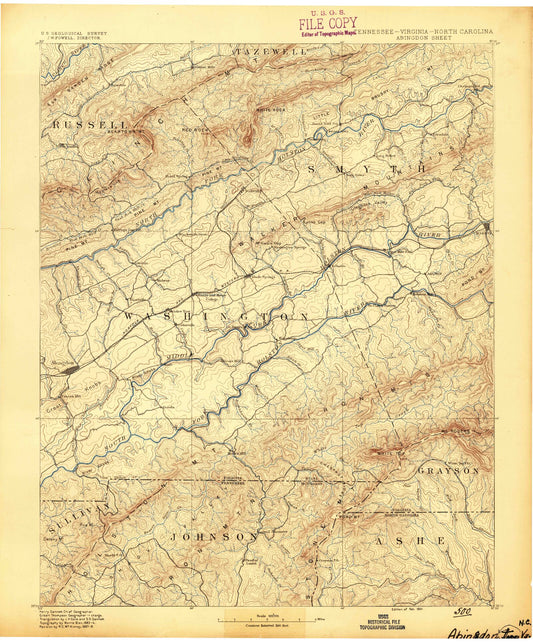 Historic 1891 Abingdon Virginia 30'x30' Topo Map Image