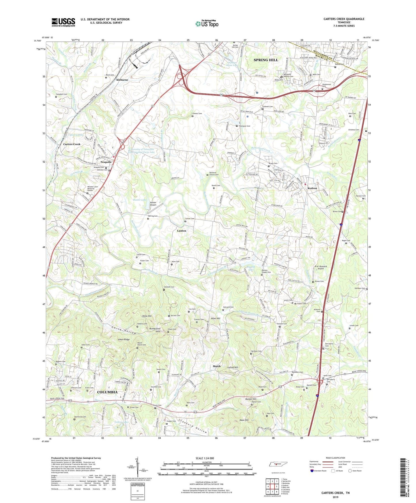 Carters Creek Tennessee US Topo Map Image