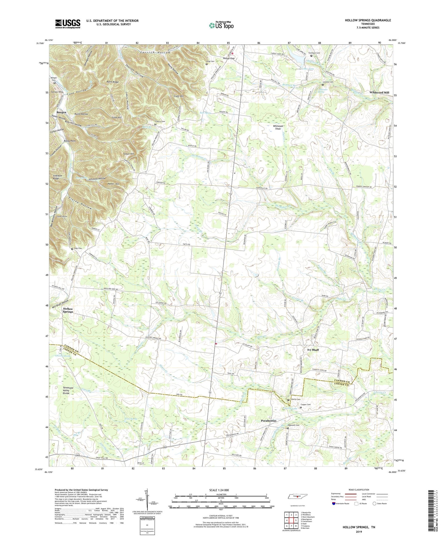 Hollow Springs Tennessee US Topo Map Image