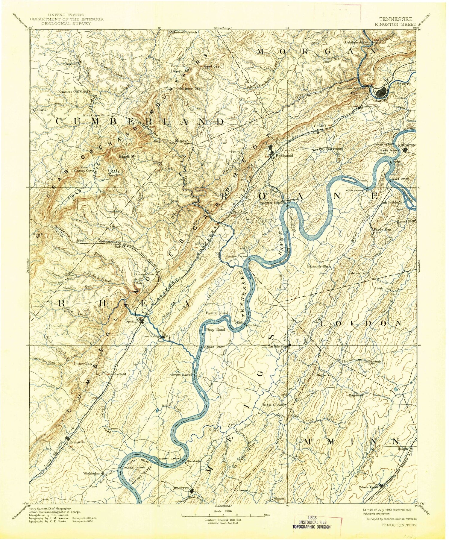 Historic 1893 Kingston Tennessee 30'x30' Topo Map Image