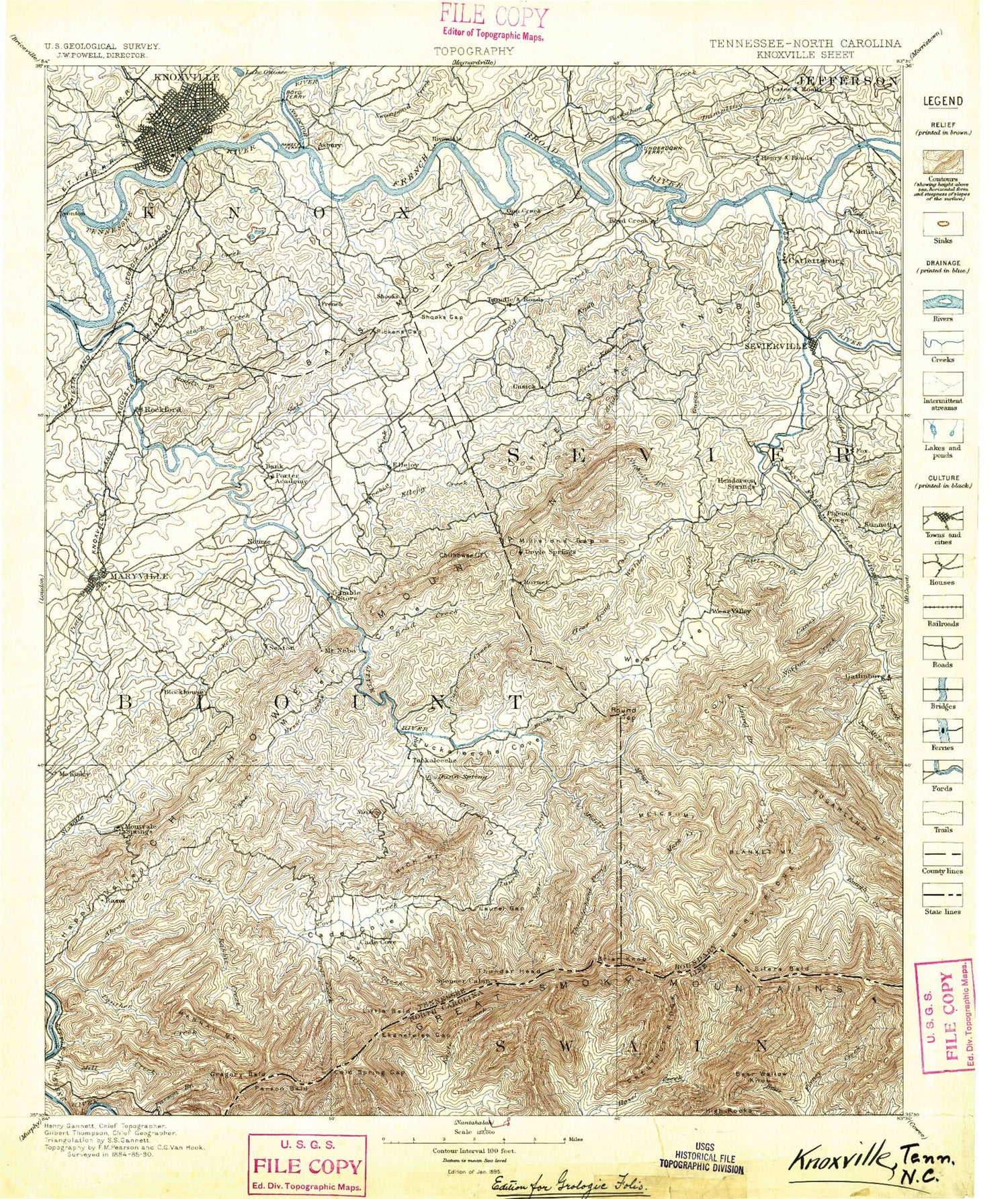 Historic 1895 Knoxville Tennessee 30'x30' Topo Map Image