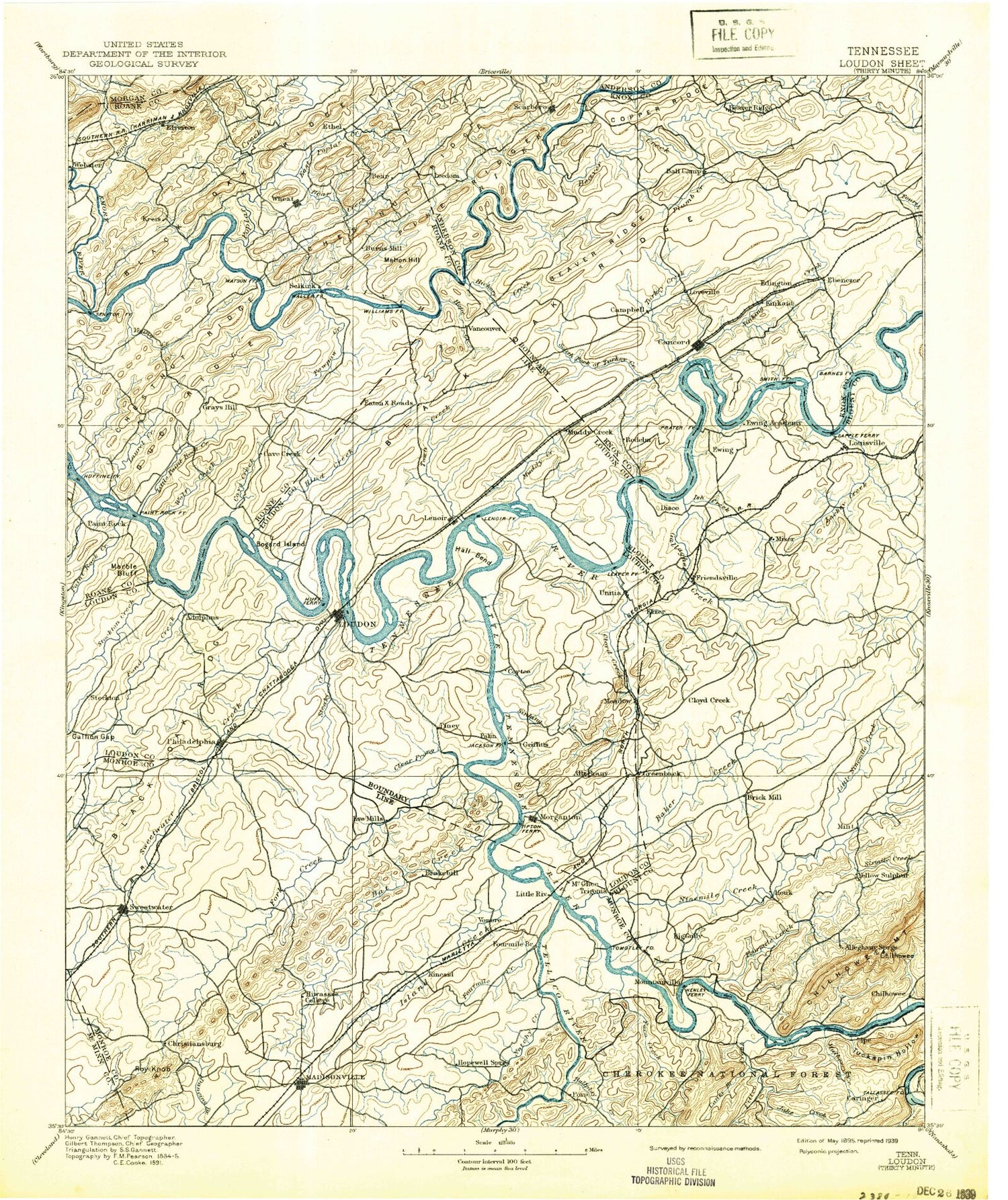 Historic 1895 Loudon Tennessee 30'x30' Topo Map Image