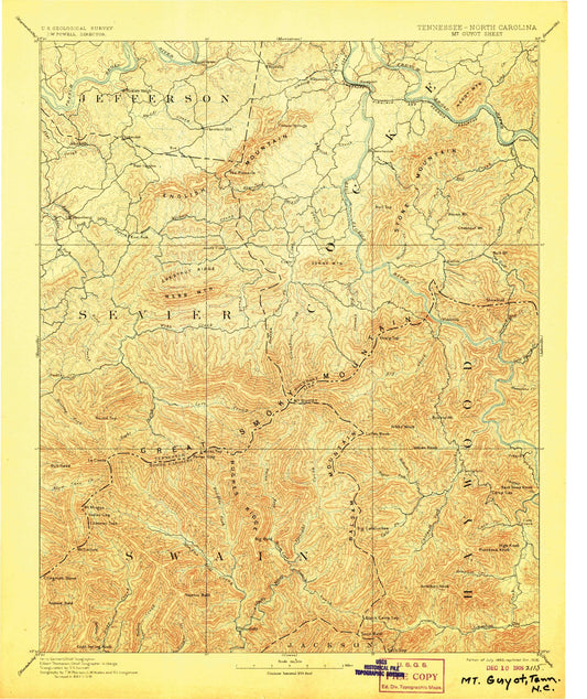 Historic 1893 Mount Guyot Tennessee 30'x30' Topo Map Image