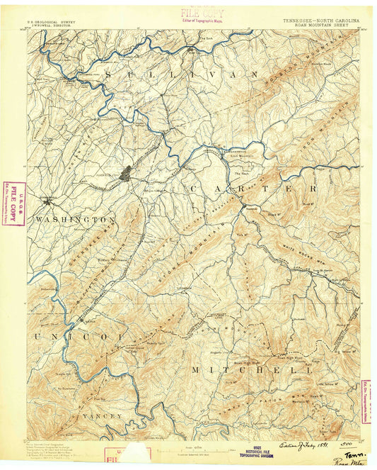 Historic 1891 Roan Mountain Tennessee 30'x30' Topo Map Image