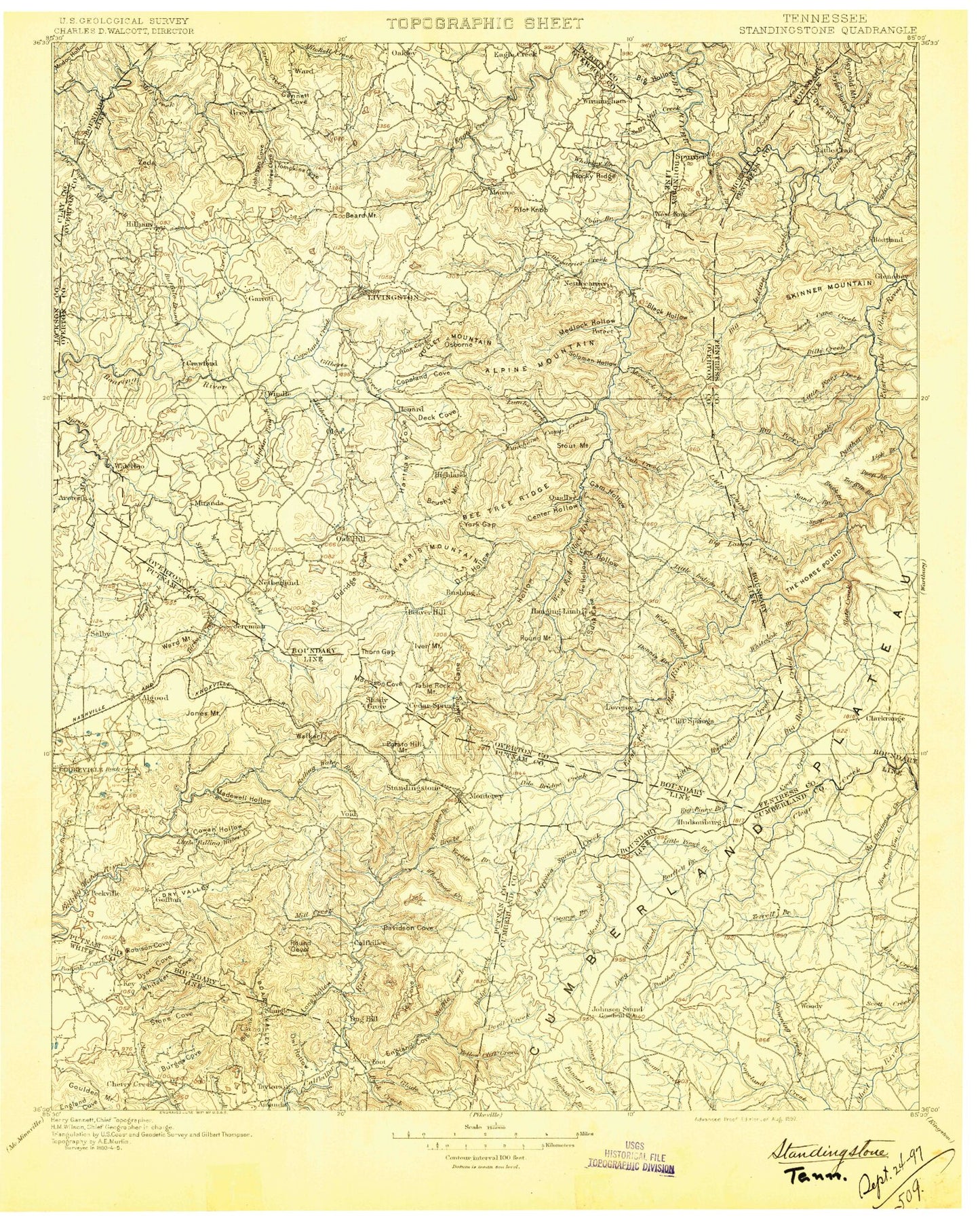 Historic 1897 Standing Stone Tennessee 30'x30' Topo Map Image