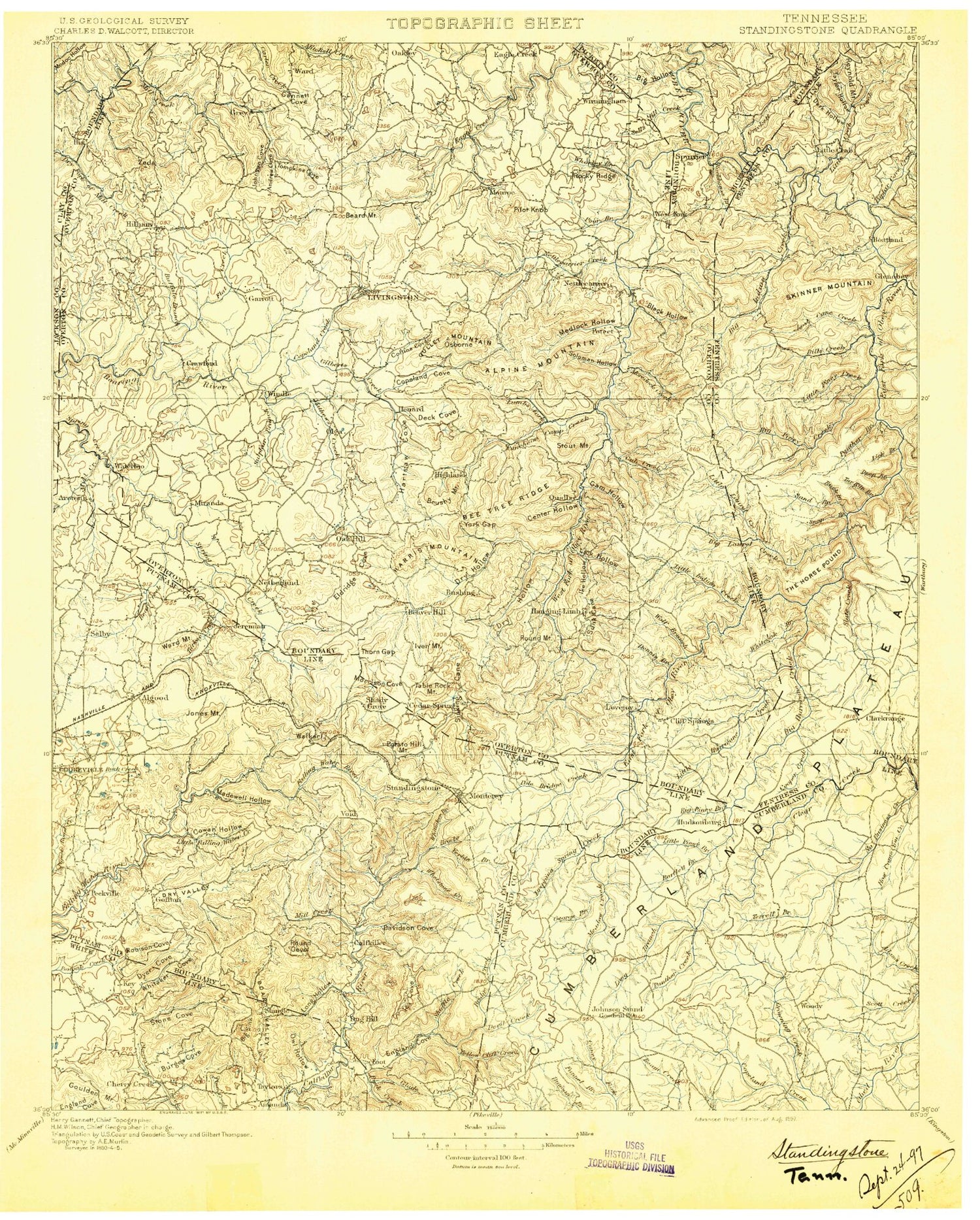 Historic 1897 Standing Stone Tennessee 30'x30' Topo Map Image