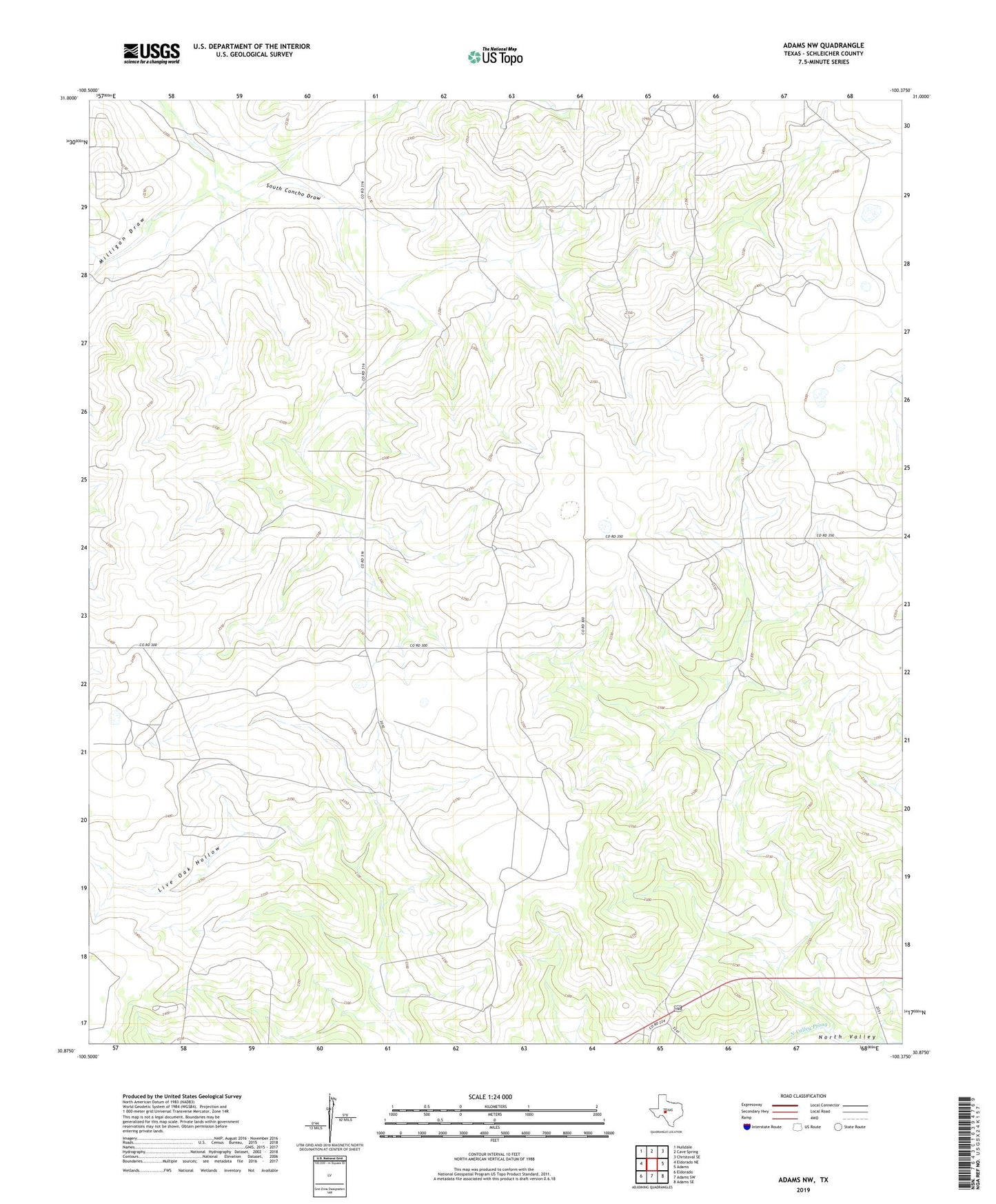Adams NW Texas US Topo Map Image