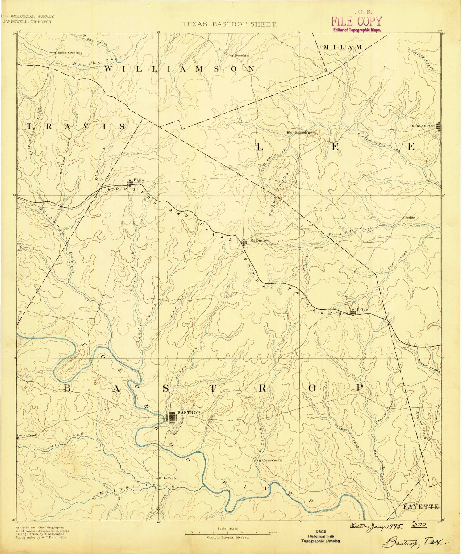 Historic 1885 Bastrop Texas 30'x30' Topo Map Image
