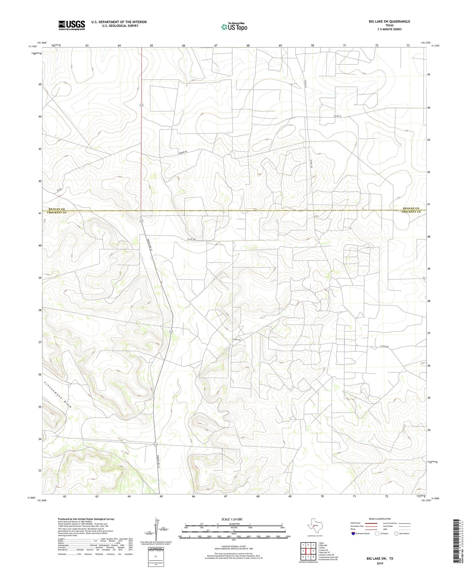 Big Lake SW Texas US Topo Map Image
