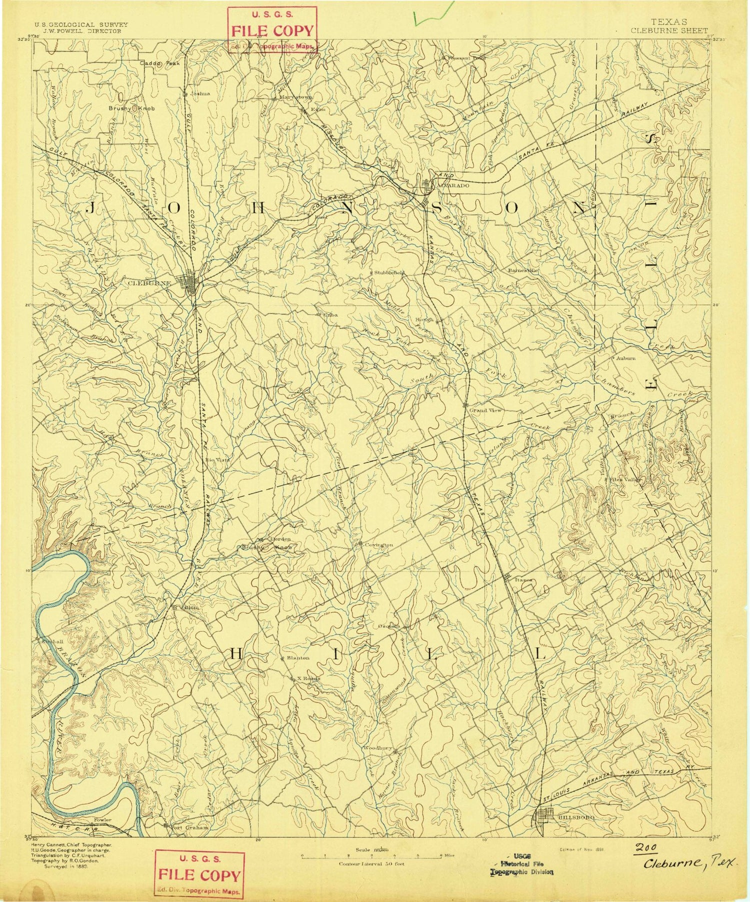 Historic 1891 Cleburne Texas 30'x30' Topo Map Image