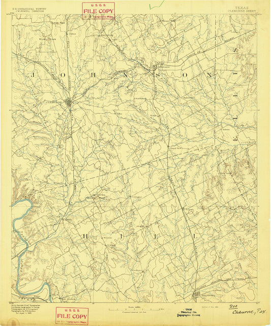 Historic 1891 Cleburne Texas 30'x30' Topo Map Image