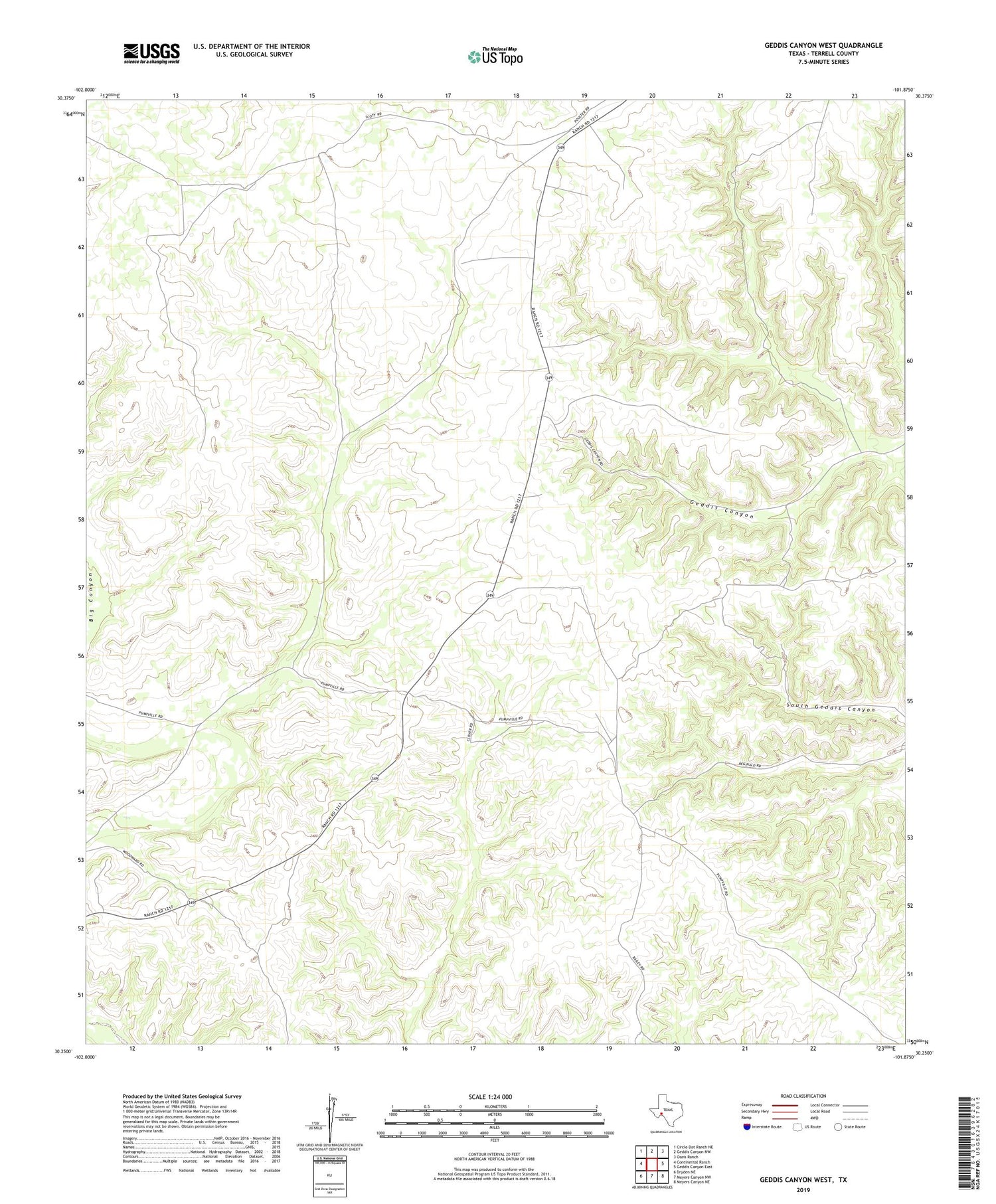 Geddis Canyon West Texas US Topo Map Image