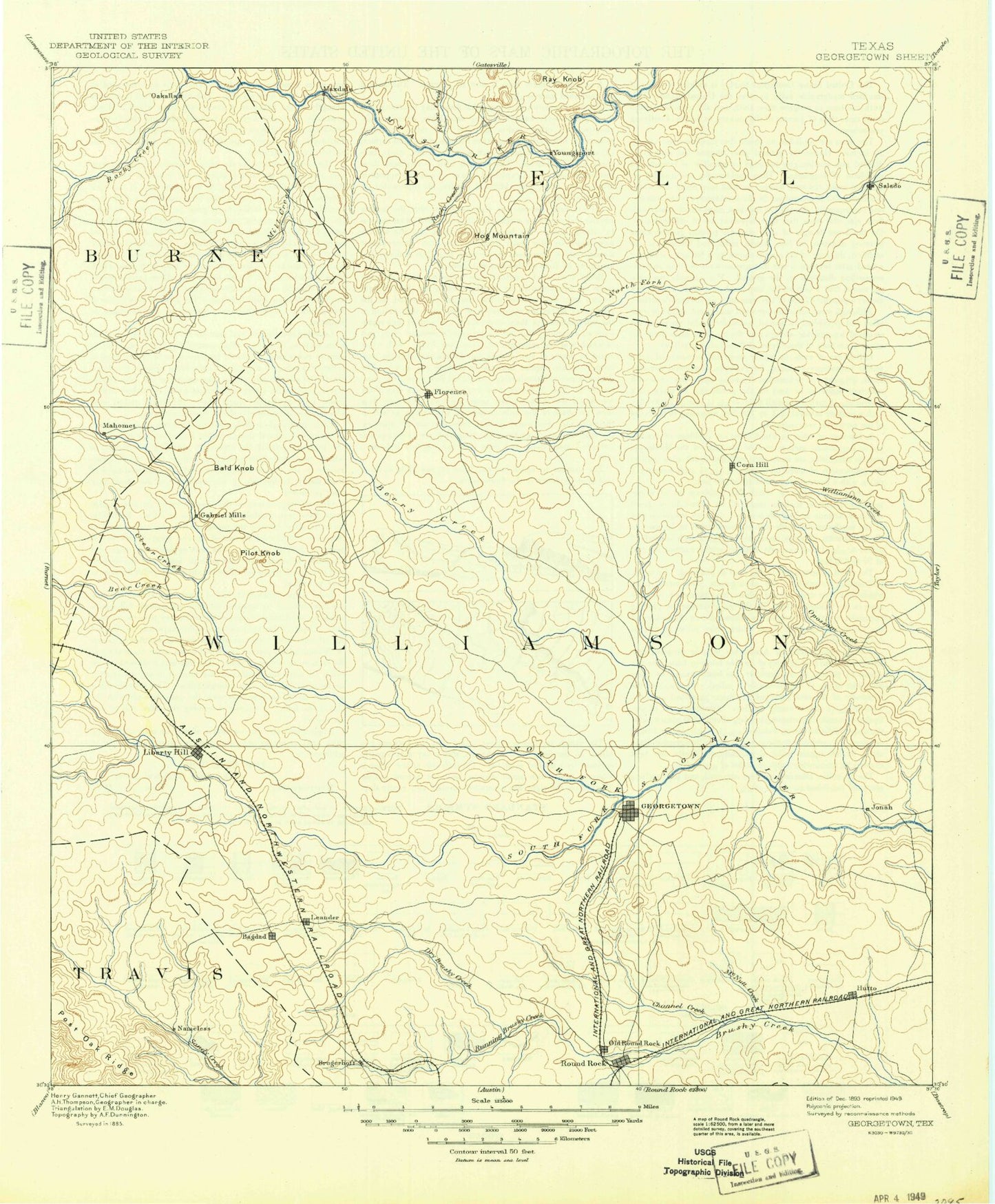 Historic 1893 Georgetown Texas 30'x30' Topo Map Image