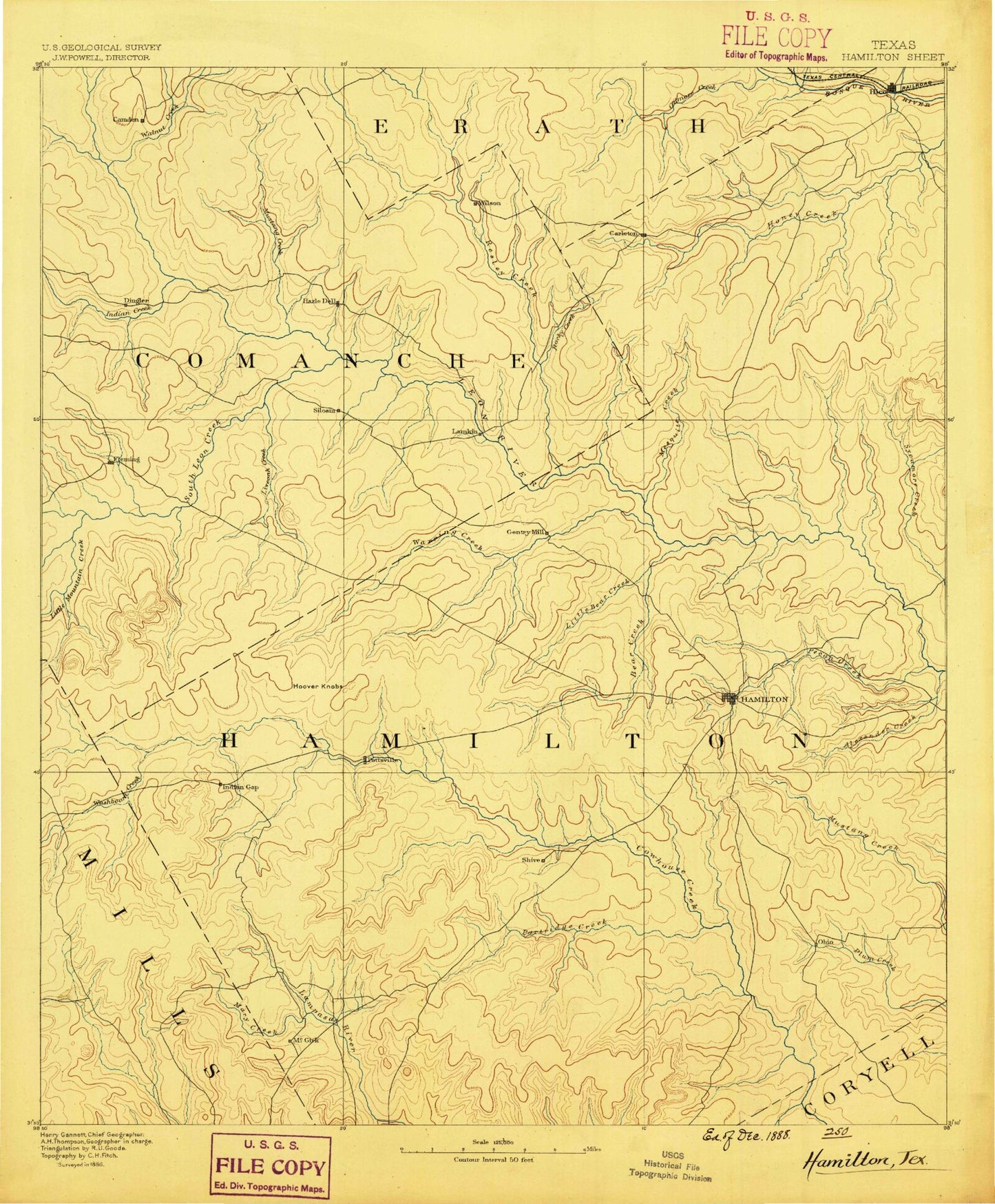 Historic 1888 Hamilton Texas 30'x30' Topo Map Image