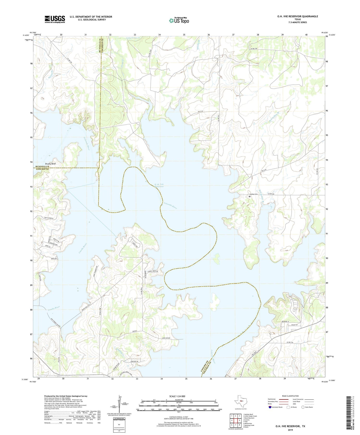 O.H. Ivie Reservoir Texas US Topo Map Image