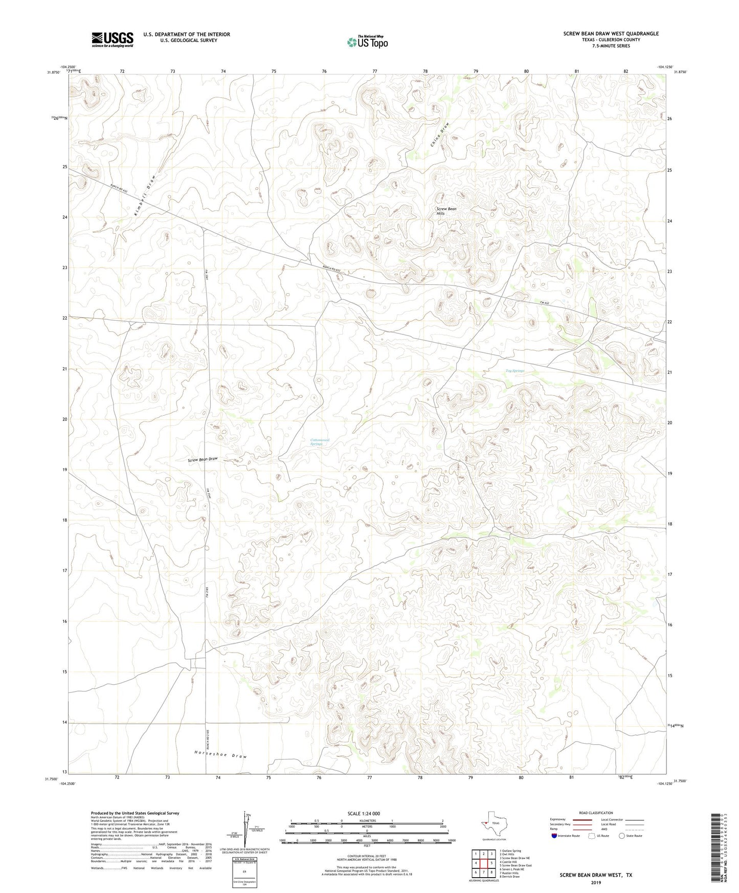 Screw Bean Draw West Texas US Topo Map Image