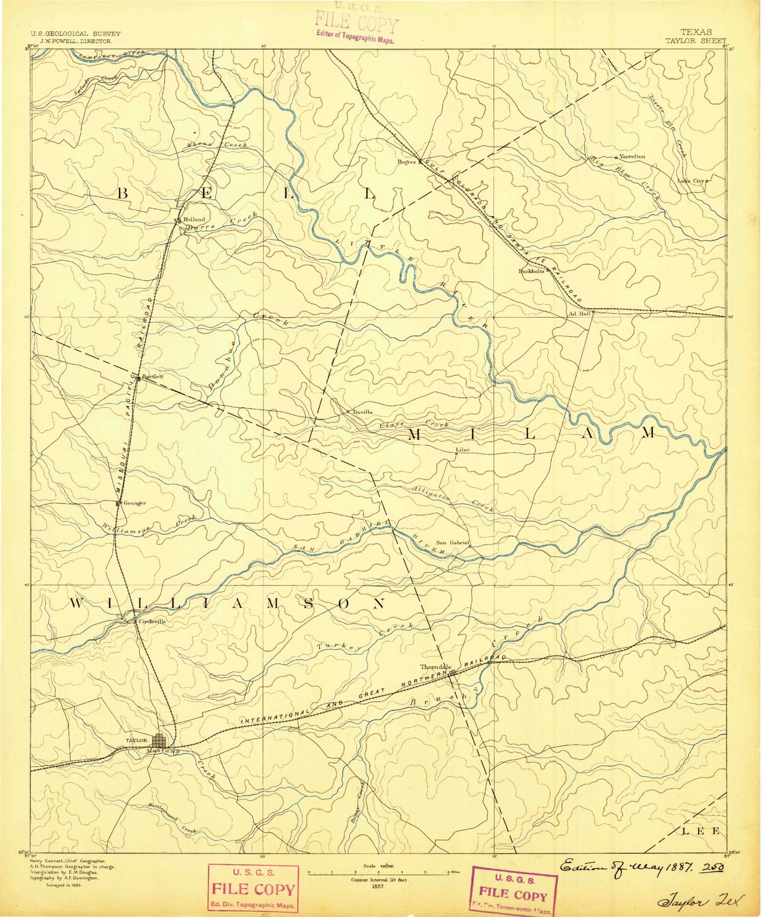 Historic 1887 Taylor Texas 30'x30' Topo Map Image