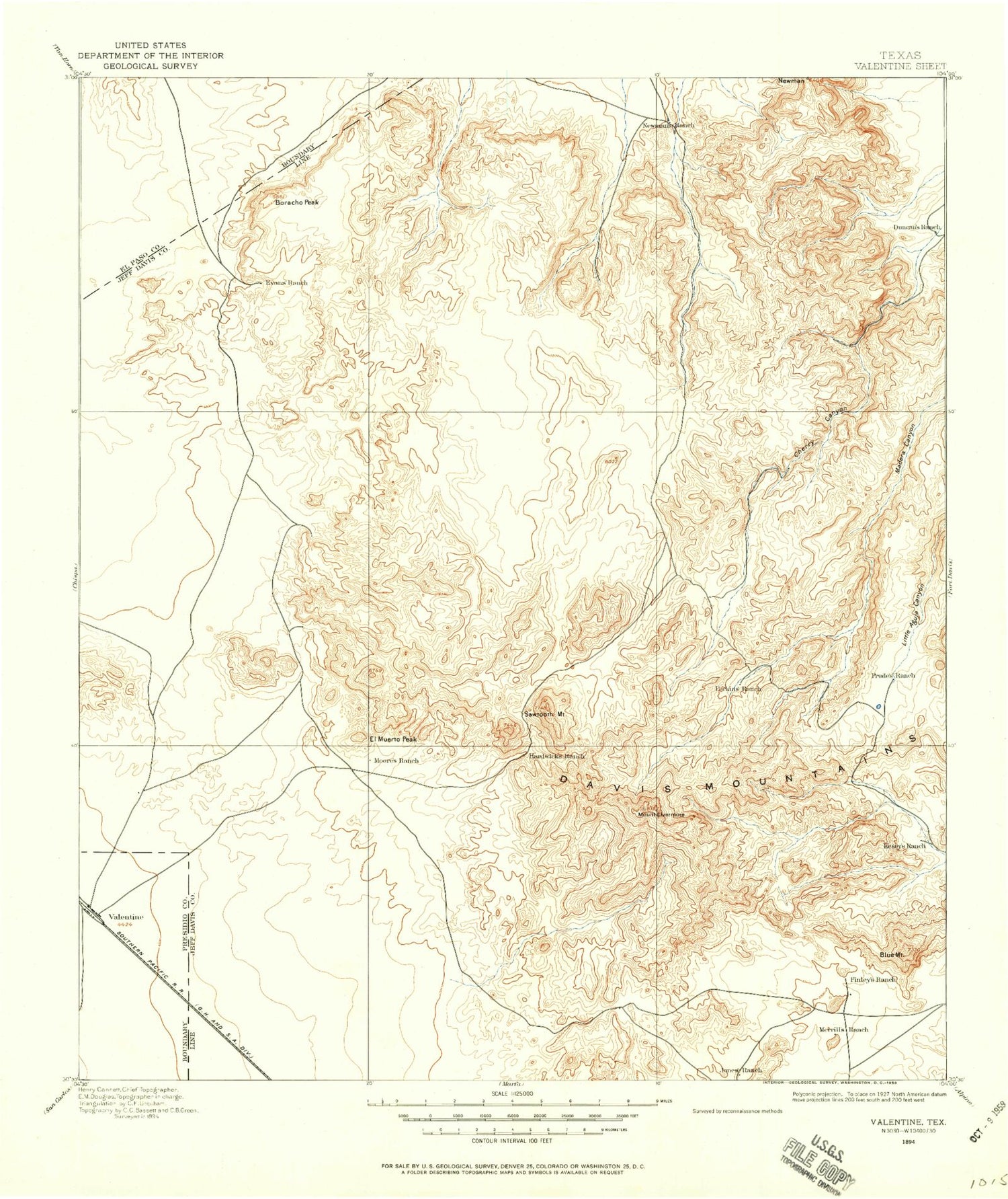 Historic 1894 Valentine Texas 30'x30' Topo Map Image