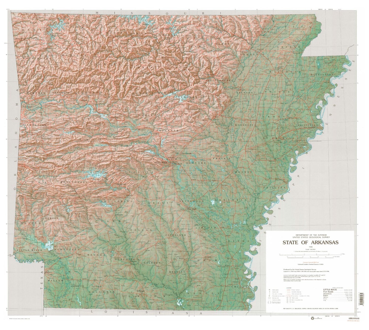 State of Arkansas Shaded Relief Topo Map