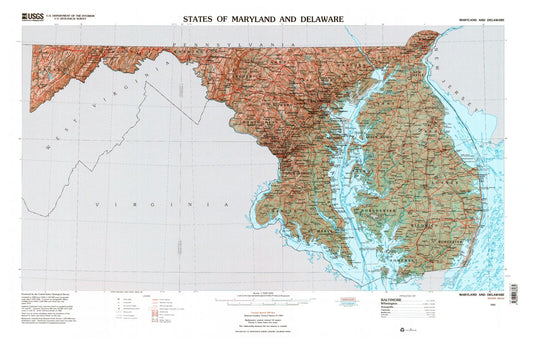 State of Delaware and Maryland Shaded Relief Topo Map