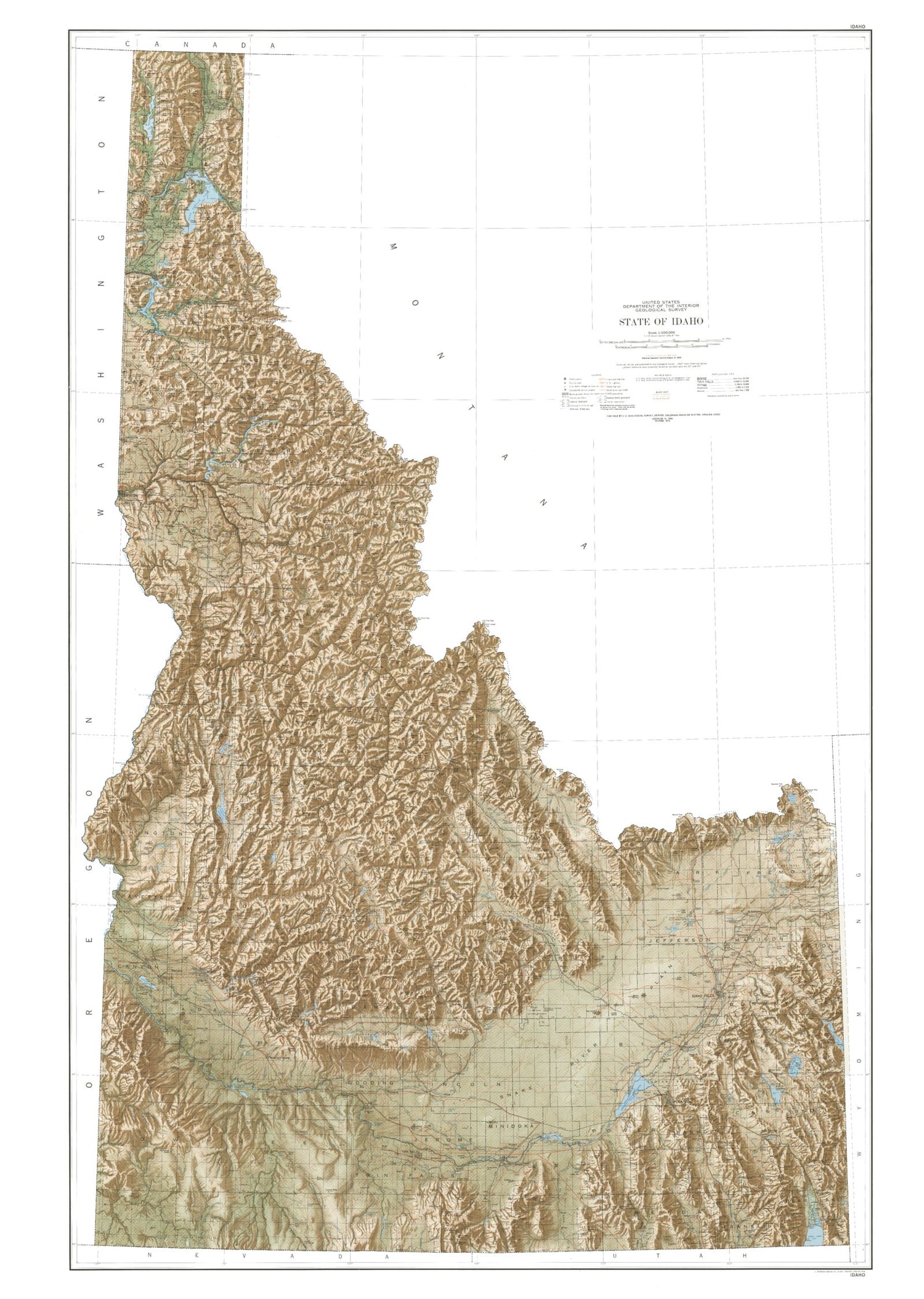 State of Idaho Shaded Relief Topo Map