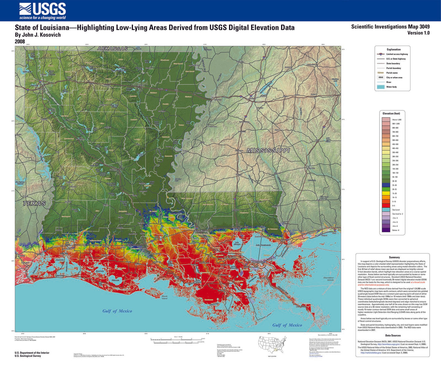 State of Louisiana Low Lying Areas Map