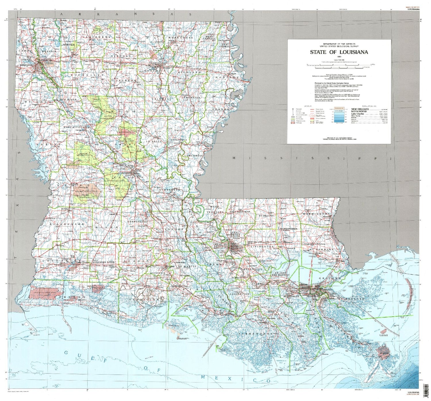 State of Louisiana Low Lying Areas Map