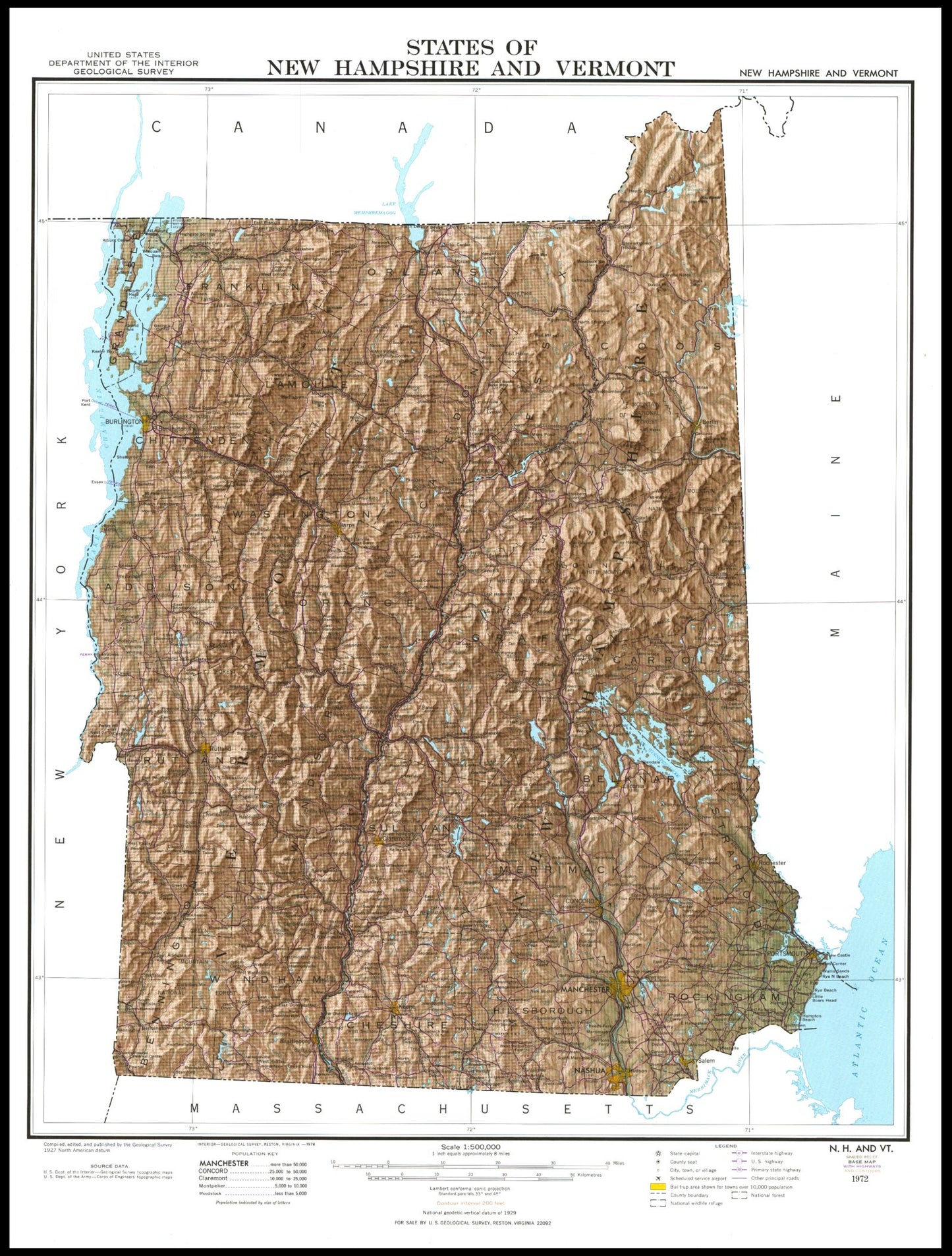 State of New Hampshire and Vermont Shaded Relief Topo Map