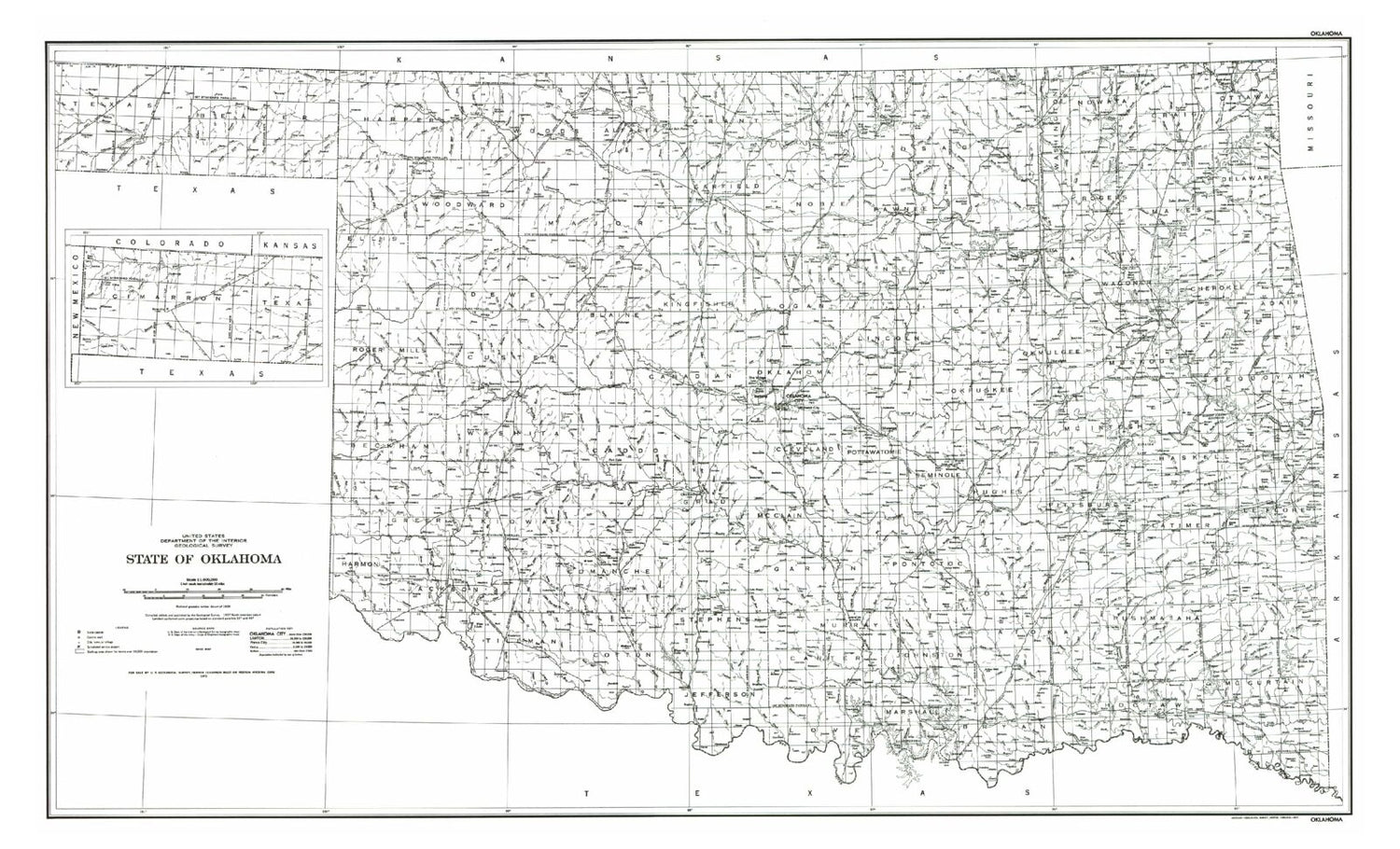 State of Oklahoma Line Drawing Map