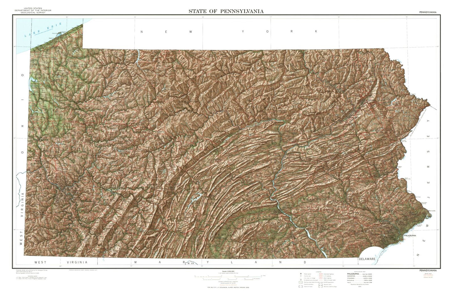 State of Pennsylvania Shaded Relief Topo Map