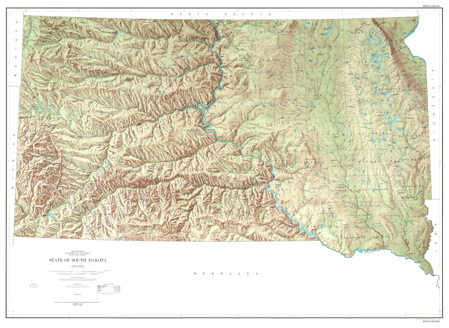 State of South Dakota Shaded Relief Topo Map