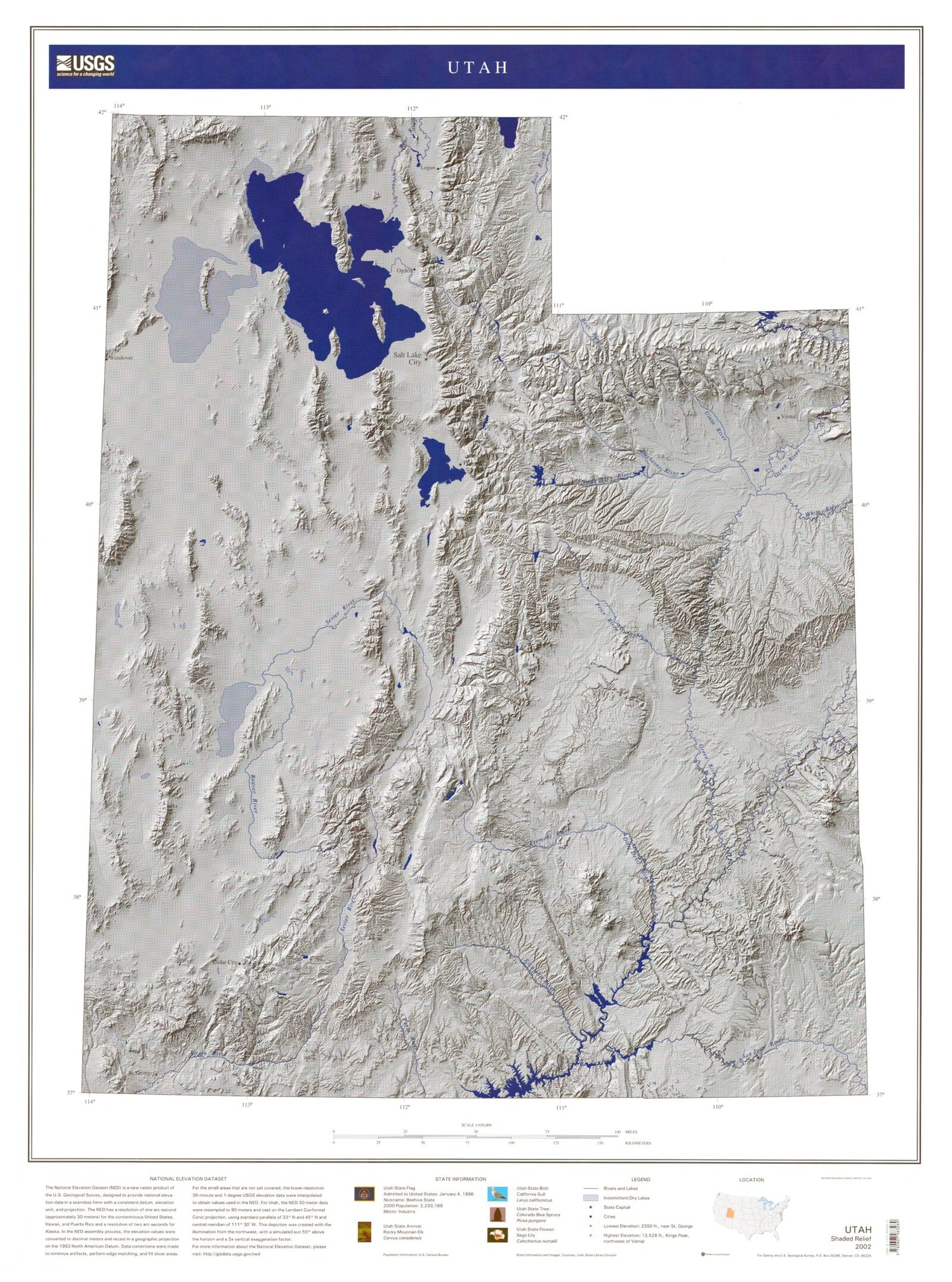 State of Utah Shaded Relief Grayscale Map