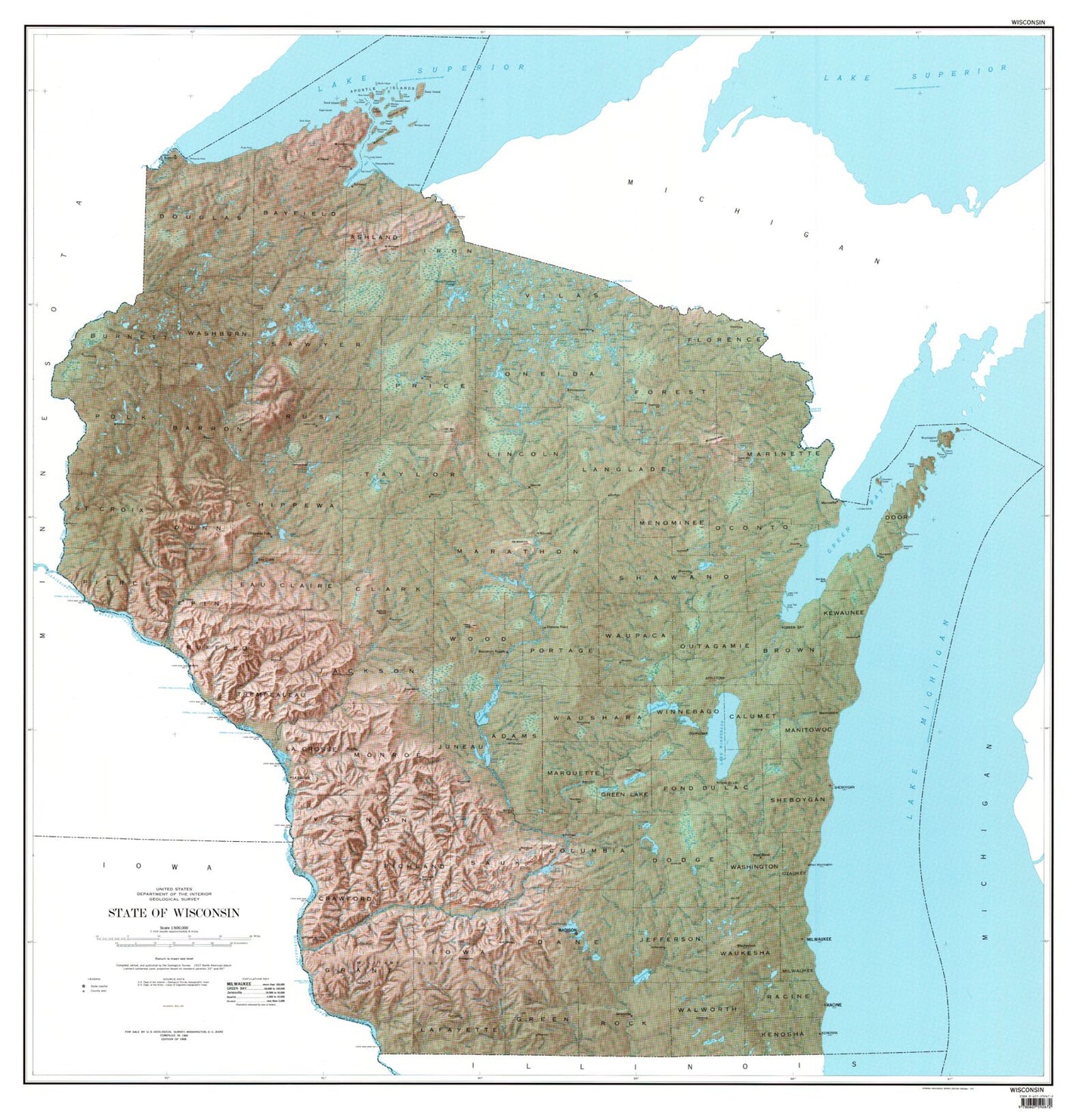 State of Wisconsin Shaded Relief Topo Map