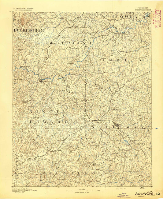 Historic 1891 Farmville Virginia 30'x30' Topo Map Image