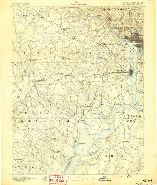 Historic 1891 Mount Vernon Virginia 30'x30' Topo Map Image